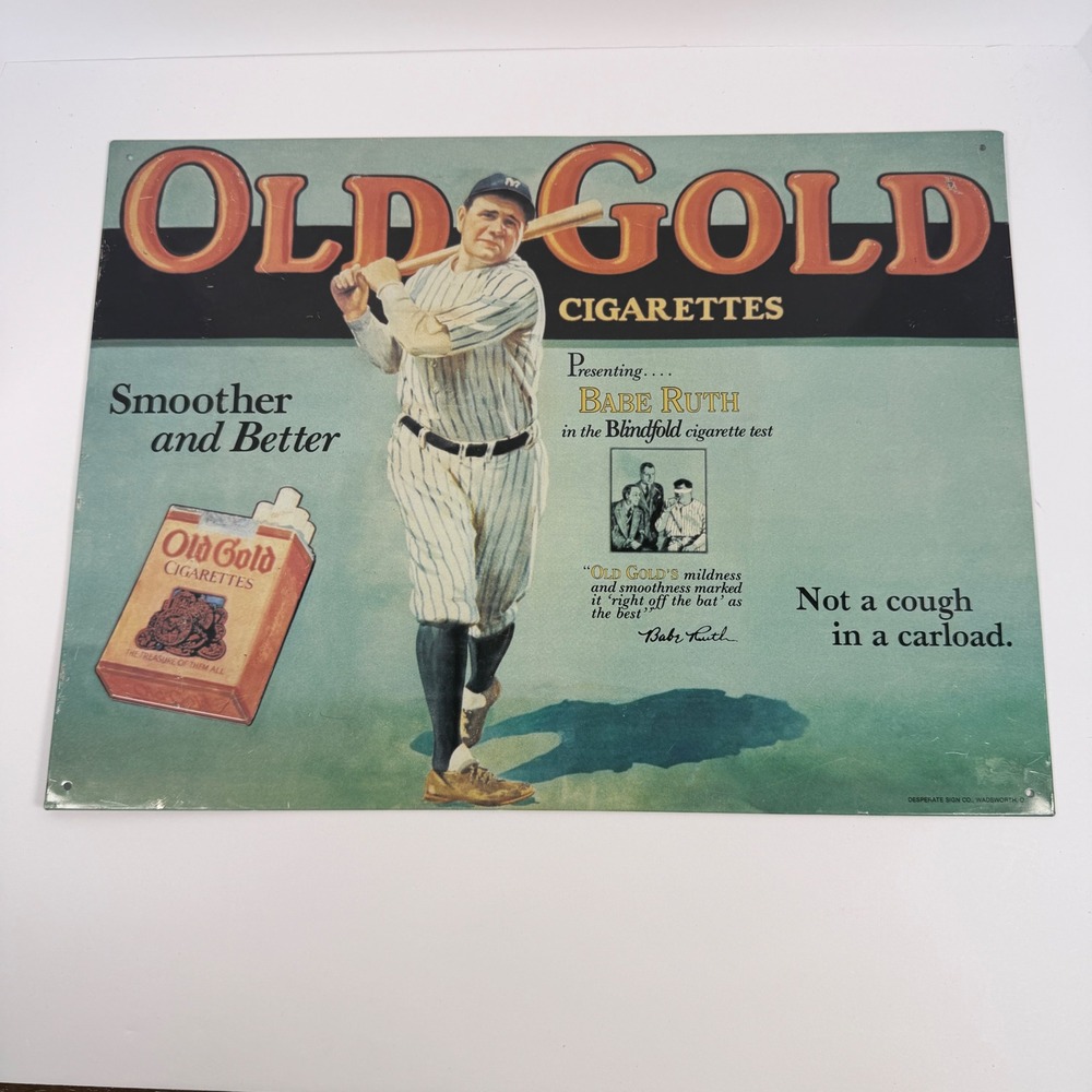 Vintage Old Gold Cigarettes Babe Ruth Tin Sign 1991 Desperate Enterprises 16x12